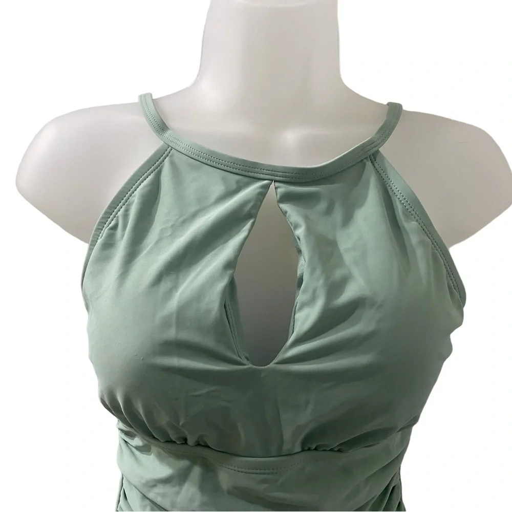 Ellen Tracy High Neck Sage One Piece Swimsuit Size 10 - Picture 2 of 5
